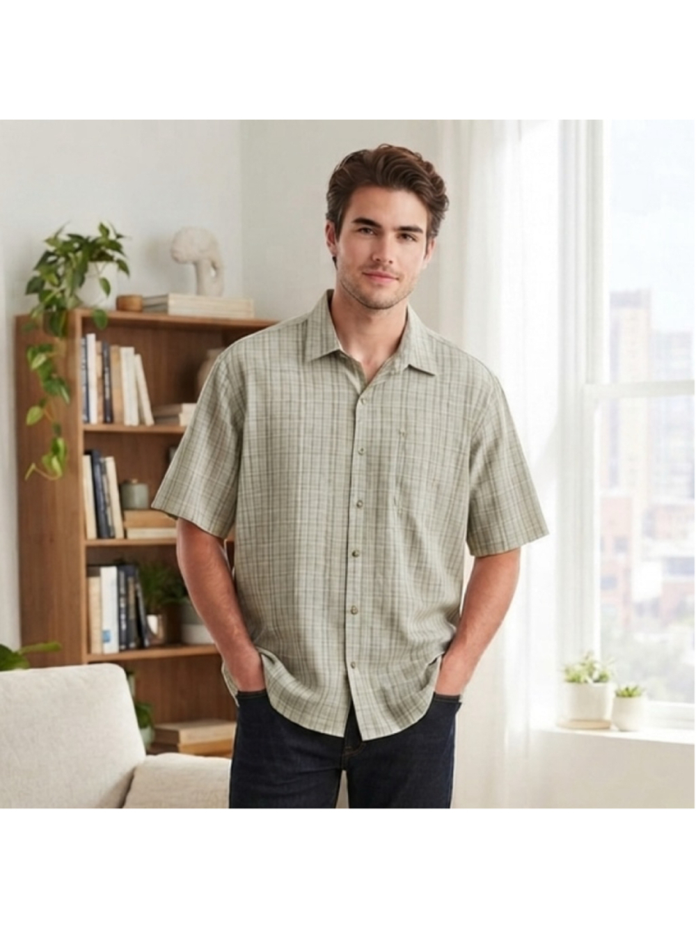 Van Heusen men short sleeve button-up casual shirt olive green plaid size XL NEW